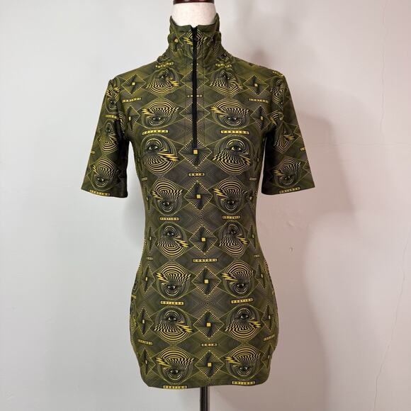 Kwaidan Editions Stretch Top Yellow Geometric Size XS Zip Y2K Psychedelic Techno - Picture 1 of 9